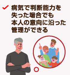 病気で判断能力を失った場合でも本人の意向に沿った管理ができる